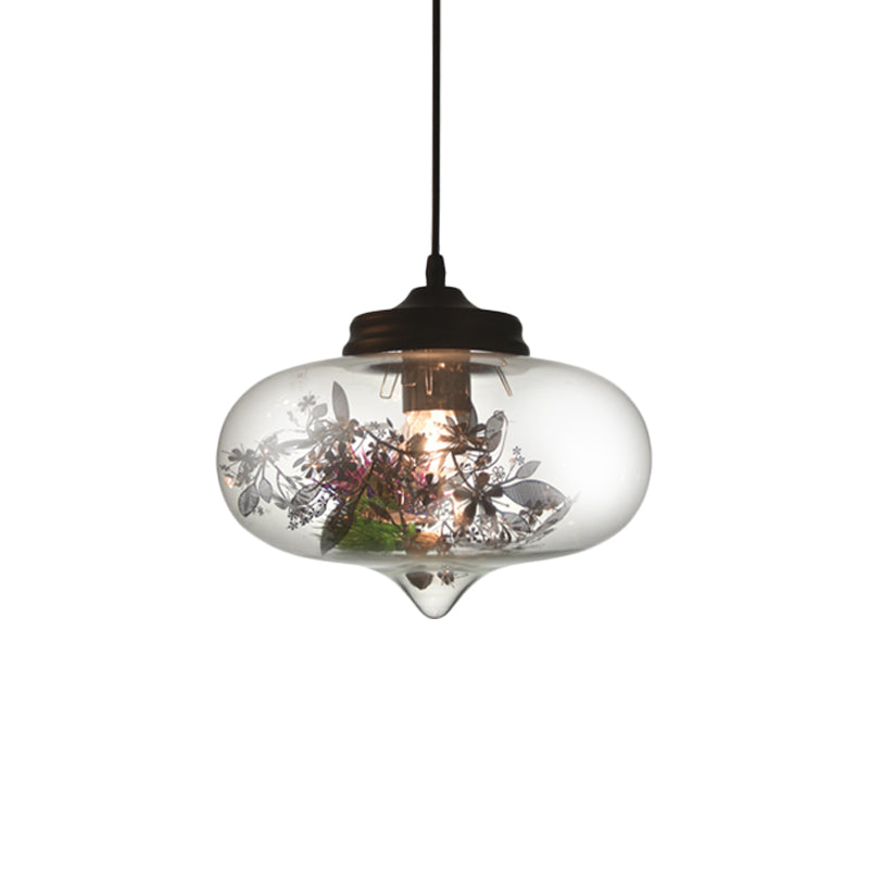 Modern Hanging Lamp With Plant Decoration Clear Glass Shade And Pendant Design 3 Sizes Available