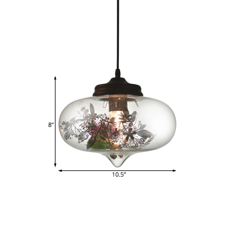 Contemporary 1 Light Hanging Lamp with Clear Glass Shade and Plant Decoration – Pendant Lamp in Multiple Shapes and Sizes