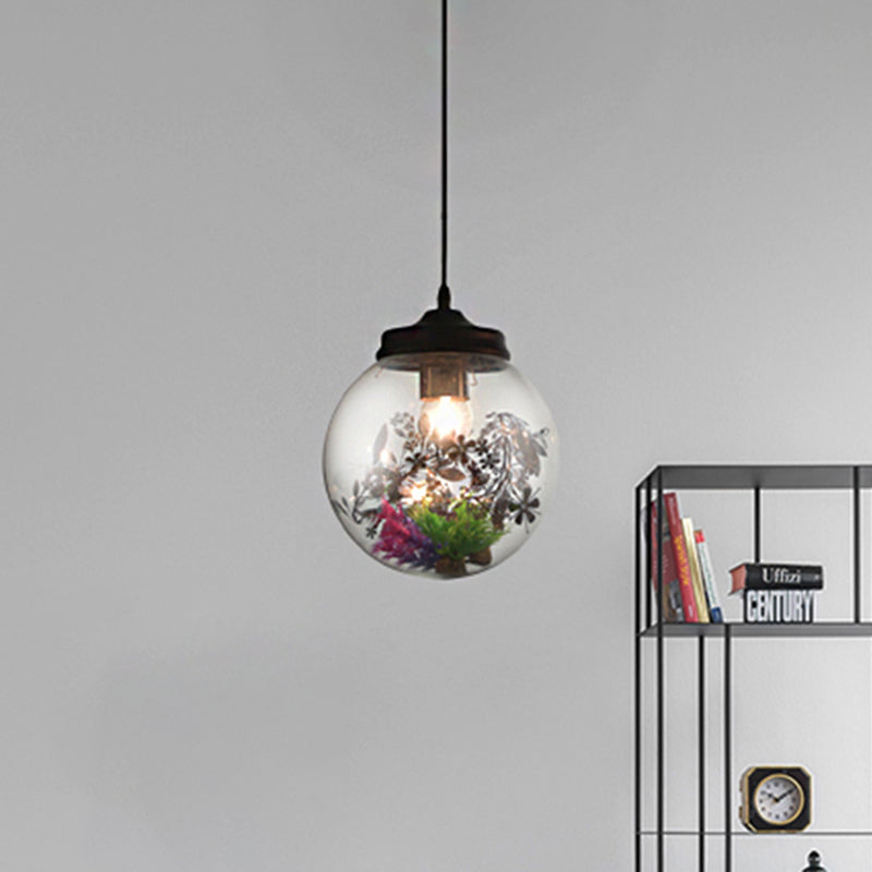 Contemporary 1 Light Hanging Lamp with Clear Glass Shade and Plant Decoration – Pendant Lamp in Multiple Shapes and Sizes