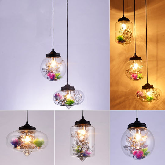 Contemporary 1 Light Hanging Lamp with Clear Glass Shade and Plant Decoration – Pendant Lamp in Multiple Shapes and Sizes