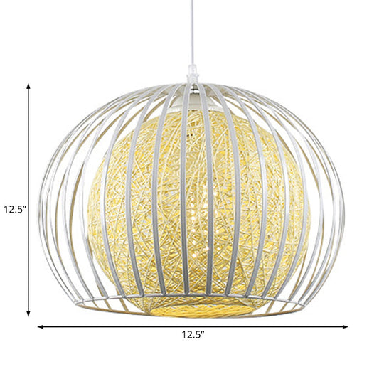 Globe Pendant Dining Room Light With Modern Wire Cage And Beige Cotton Shade