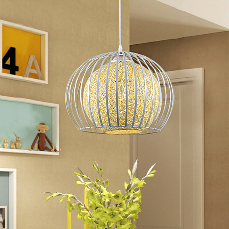 Globe Pendant Dining Room Light With Modern Wire Cage And Beige Cotton Shade