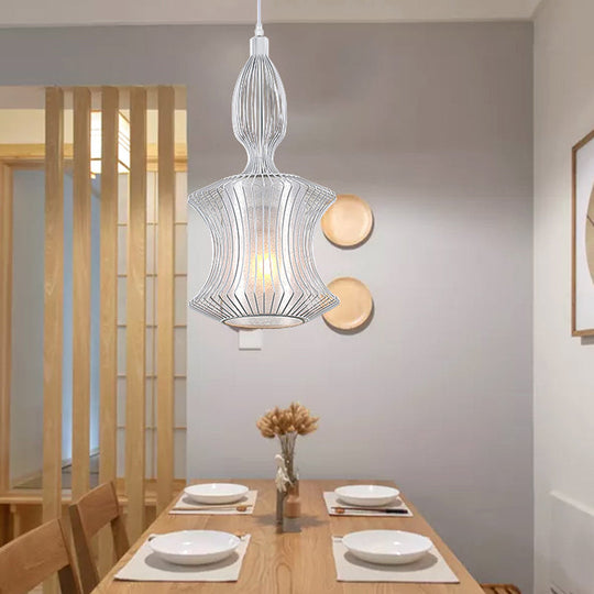 Modern Silver Lantern Cage Pendant Light with Cylinder Shade