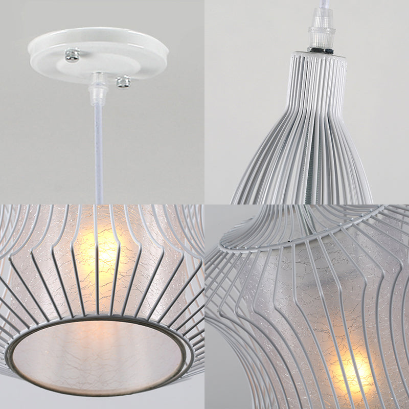 Modern Silver Lantern Pendant Light With Metal Cage And Cylinder Shade