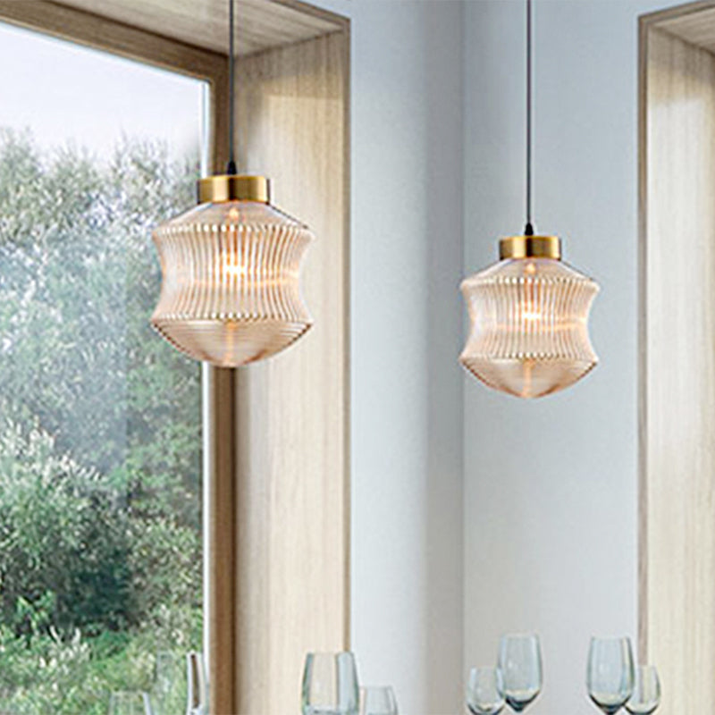 Contemporary Lantern Pendant Light - Amber/Smoke Gray Prismatic Glass Gold Ceiling Hanging