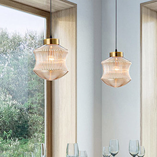Contemporary Lantern Pendant Light - Amber/Smoke Gray Prismatic Glass Gold Ceiling Hanging