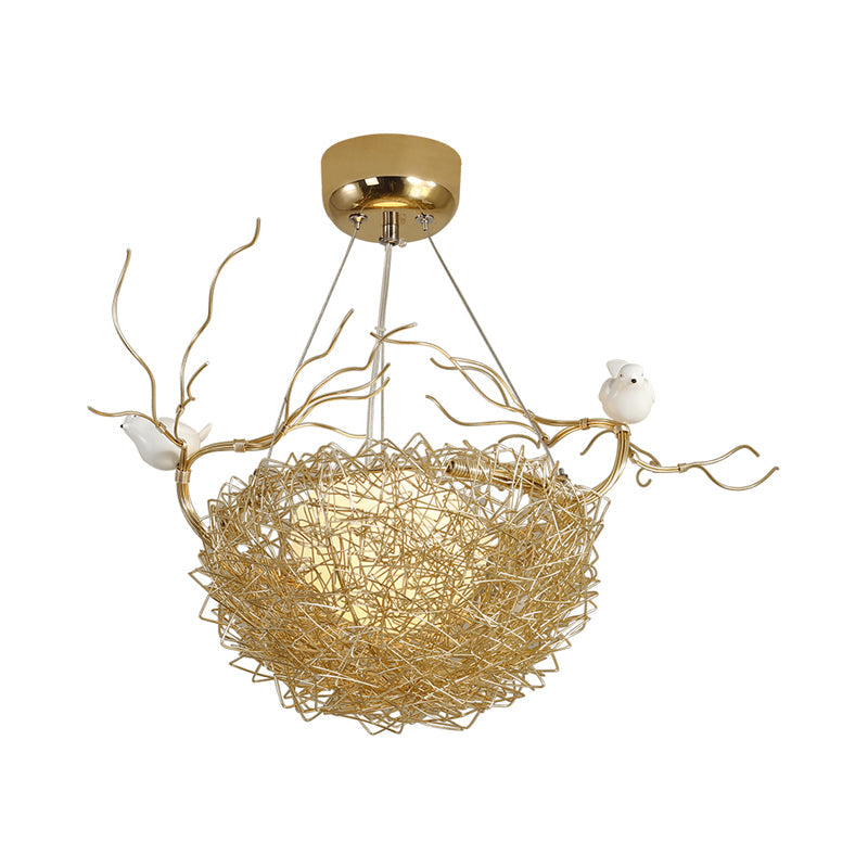 Art Deco Gold Nest Pendant Light with 2 Birds - Metal Hanging Ceiling Light for Restaurants
