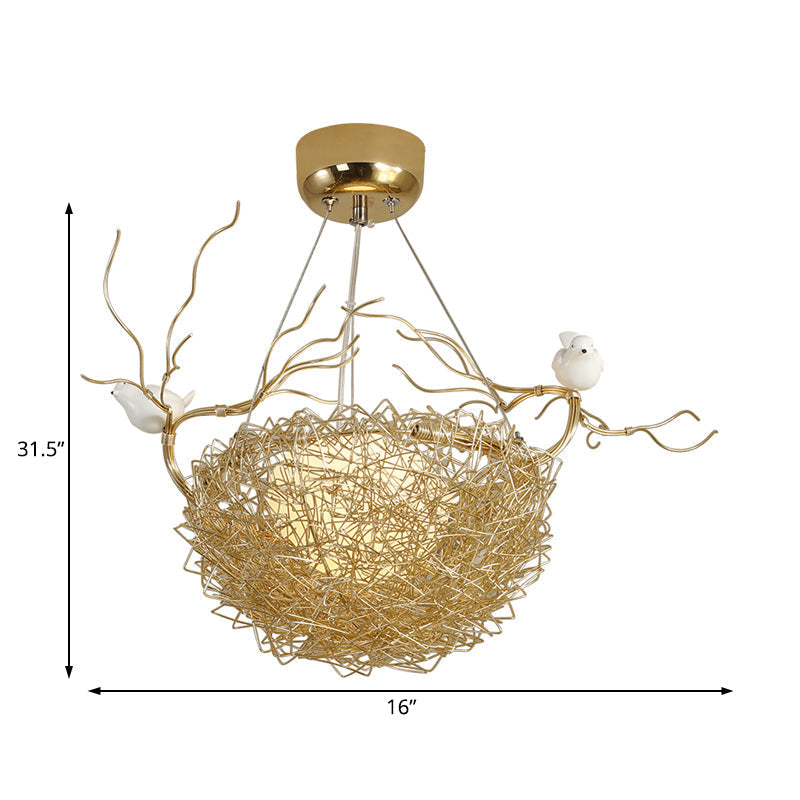 Art Deco Gold Nest Pendant Light with 2 Birds - Metal Hanging Ceiling Light for Restaurants