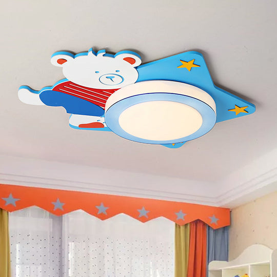 Boys' Cartoon Bear Wood Animal Blue LED Ceiling Light