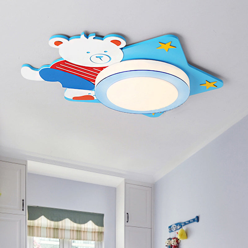 Boys' Cartoon Bear Wood Animal Blue LED Ceiling Light