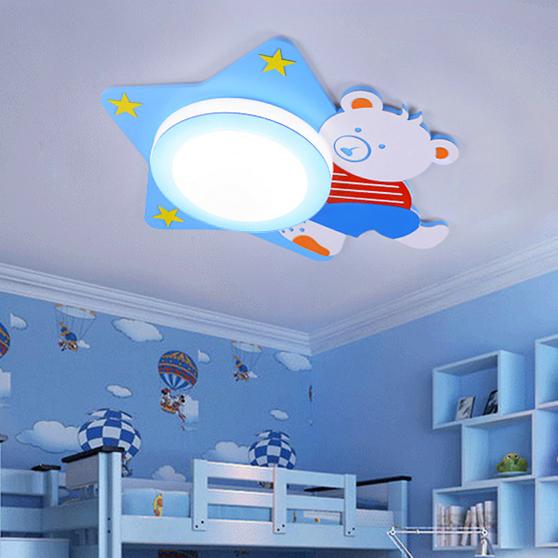 Boys' Cartoon Bear Wood Animal Blue LED Ceiling Light