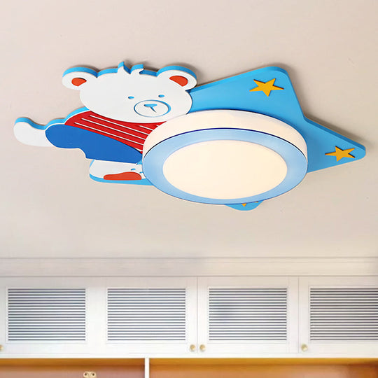Boys' Cartoon Bear Wood Animal Blue LED Ceiling Light