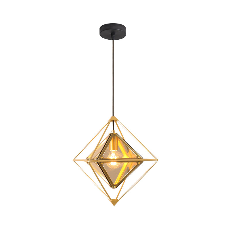 Contemporary 1-Light Pendant with Amber/Smoke Gray Glass Shade - Polygon Ceiling Lamp with Black/Gold Frame