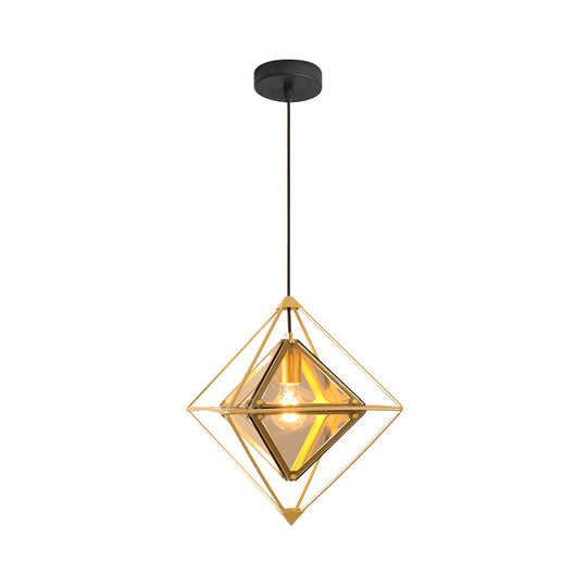 Contemporary 1-Light Pendant with Amber/Smoke Gray Glass Shade - Polygon Ceiling Lamp with Black/Gold Frame
