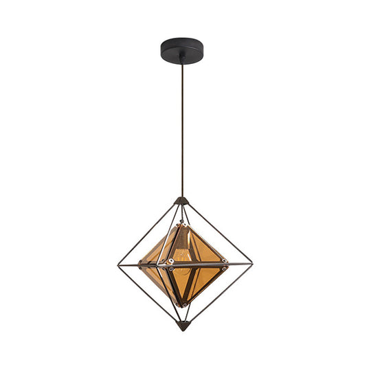 Contemporary 1-Light Pendant with Amber/Smoke Gray Glass Shade - Polygon Ceiling Lamp with Black/Gold Frame