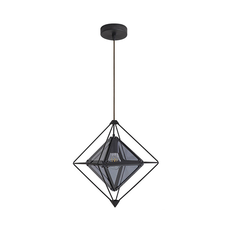 Contemporary 1-Light Pendant with Amber/Smoke Gray Glass Shade - Polygon Ceiling Lamp with Black/Gold Frame