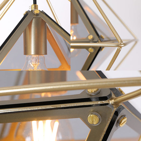 Polygon Ceiling Lamp With Amber/Smoke Glass Shade - Modern Pendant Light Black/Gold Frame