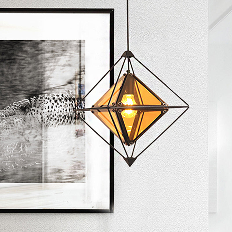 Contemporary 1-Light Pendant with Amber/Smoke Gray Glass Shade - Polygon Ceiling Lamp with Black/Gold Frame