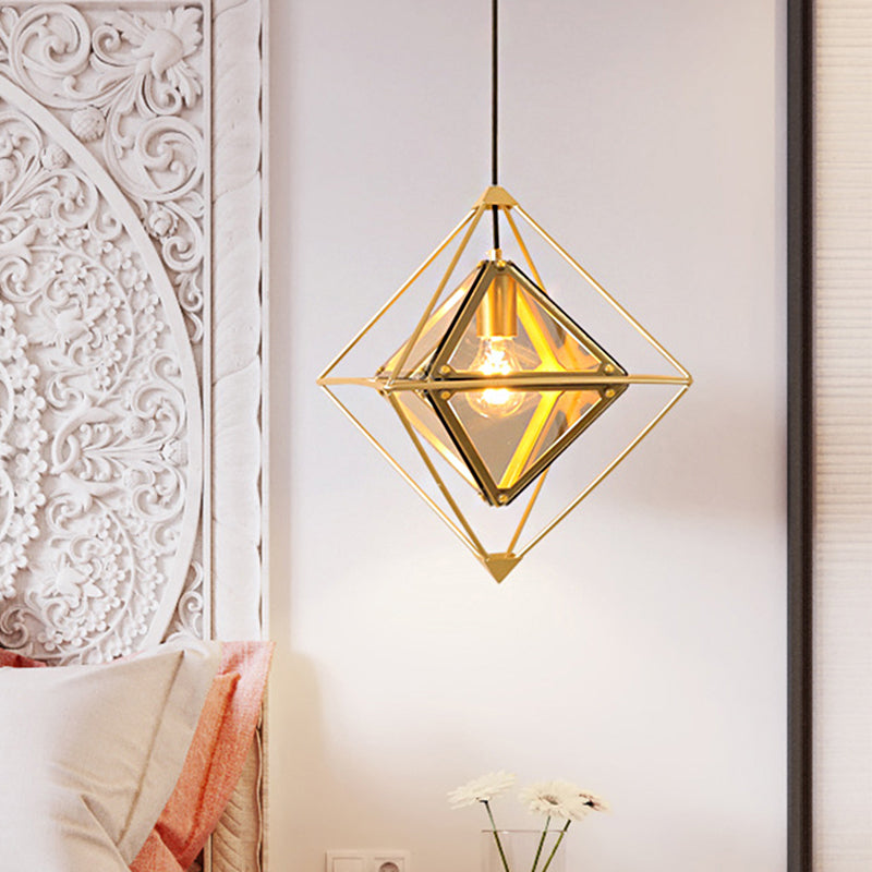 Contemporary 1-Light Pendant with Amber/Smoke Gray Glass Shade - Polygon Ceiling Lamp with Black/Gold Frame