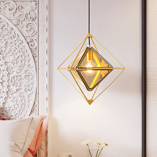 Polygon Ceiling Lamp With Amber/Smoke Glass Shade - Modern Pendant Light Black/Gold Frame Gold /