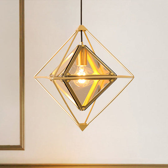 Contemporary 1-Light Pendant with Amber/Smoke Gray Glass Shade - Polygon Ceiling Lamp with Black/Gold Frame