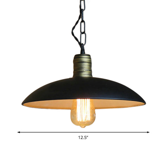 Metallic Black Ceiling Light Bowl Shade - Retro Style With Hanging Chain