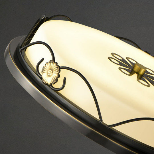 Black Retro LED Flush Mount Bedroom Ceiling Light with Cream Glass