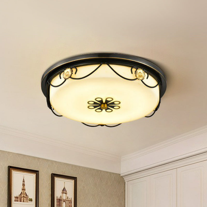 Black Retro LED Flush Mount Bedroom Ceiling Light with Cream Glass