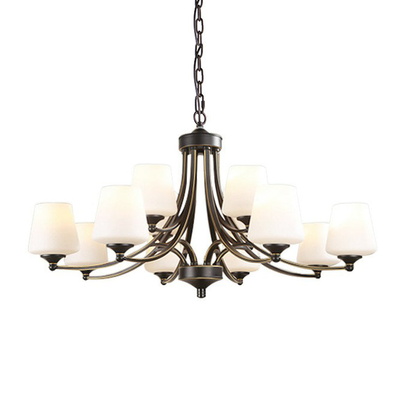 Rustic Living Room Chandelier With Tapered White Frost Glass Shade 12 / Black
