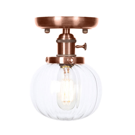 Semi Mount Industrial Ceiling Light in Copper - Clear/Amber Glass Globe, Round Design - 1 Bulb - Perfect for Living Room