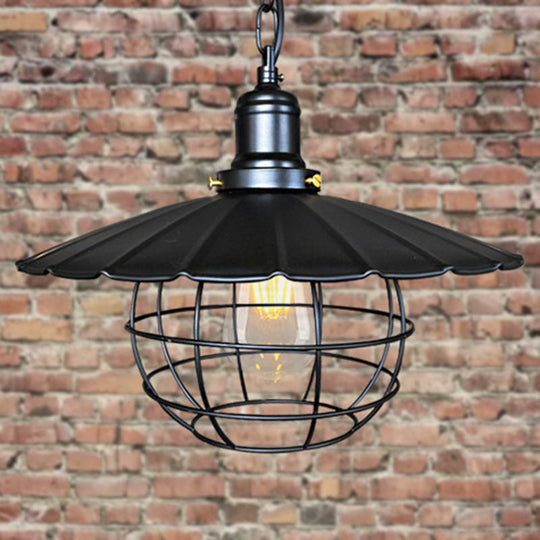 Black Industrial Metal Scalloped Pendant Light with Cage - 1-Light Hanging Lamp for Indoor