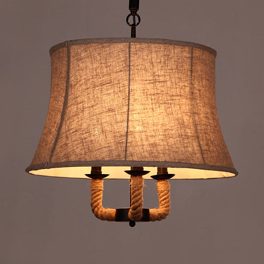 Lustre industriel beige avec plusieurs lumières et abat-jour en tissu - Luminaire suspendu au plafond avec corde de chanvre