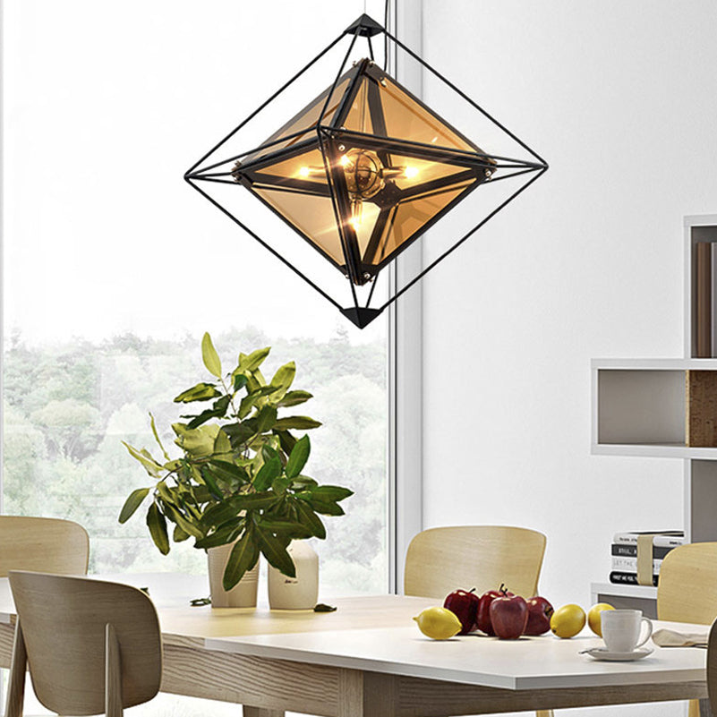 Modern Polygon Pendant Light with Amber/Smoke Gray Glass - 1-Light Dining Room Suspension, 8"/16" Wide