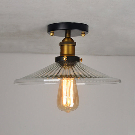 Semi Mount Ribbed Glass Cone Ceiling Light In Black/Brass/Copper - Industrial Style For Living Room