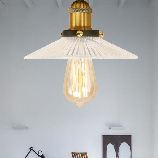 Semi Mount Ribbed Glass Cone Ceiling Light in Black/Brass/Copper - Industrial Style for Living Room - 1 Bulb