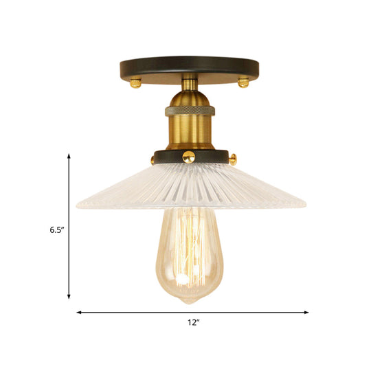 Semi Mount Ribbed Glass Cone Ceiling Light in Black/Brass/Copper - Industrial Style for Living Room - 1 Bulb