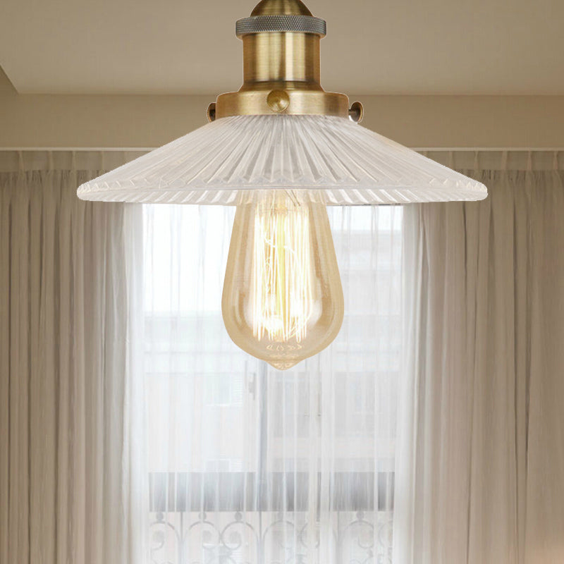 Semi Mount Ribbed Glass Cone Ceiling Light in Black/Brass/Copper - Industrial Style for Living Room - 1 Bulb