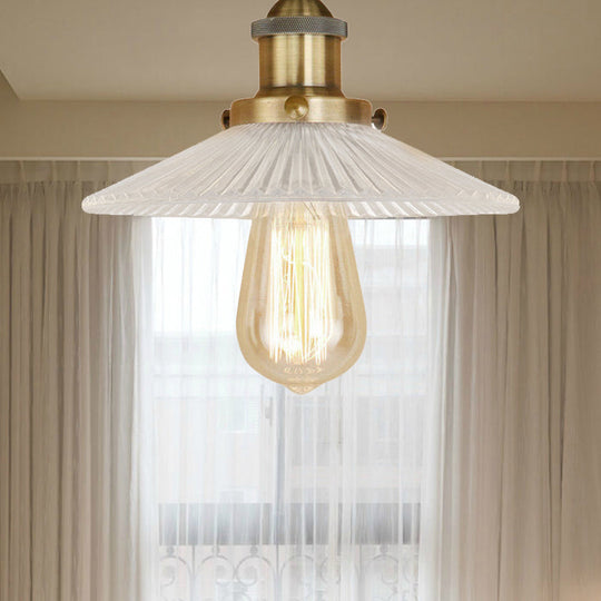 Semi Mount Ribbed Glass Cone Ceiling Light in Black/Brass/Copper - Industrial Style for Living Room - 1 Bulb