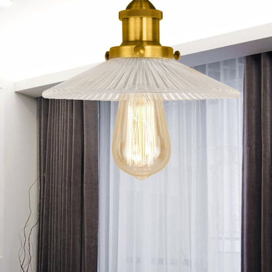 Semi Mount Ribbed Glass Cone Ceiling Light in Black/Brass/Copper - Industrial Style for Living Room - 1 Bulb