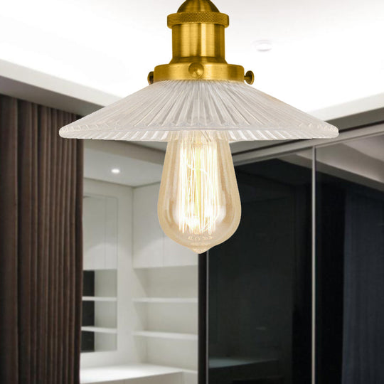 Semi Mount Ribbed Glass Cone Ceiling Light in Black/Brass/Copper - Industrial Style for Living Room - 1 Bulb