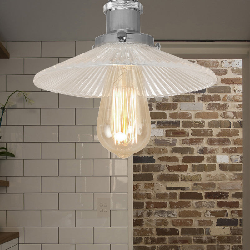 Semi Mount Ribbed Glass Cone Ceiling Light in Black/Brass/Copper - Industrial Style for Living Room - 1 Bulb