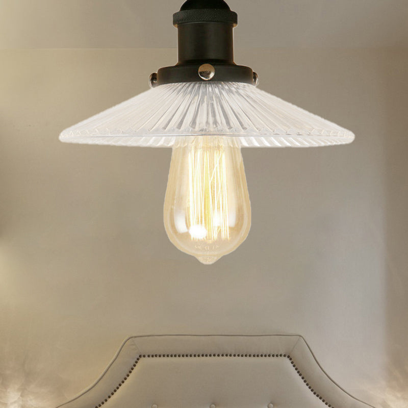 Semi Mount Ribbed Glass Cone Ceiling Light in Black/Brass/Copper - Industrial Style for Living Room - 1 Bulb