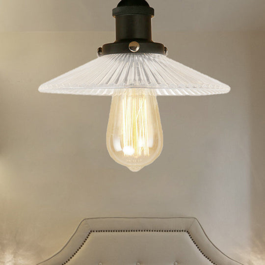 Semi Mount Ribbed Glass Cone Ceiling Light in Black/Brass/Copper - Industrial Style for Living Room - 1 Bulb