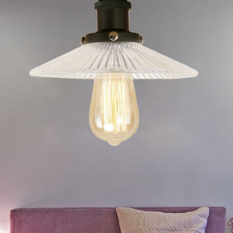 Semi Mount Ribbed Glass Cone Ceiling Light in Black/Brass/Copper - Industrial Style for Living Room - 1 Bulb