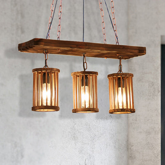 Lustre industriel en bois avec abat-jour cylindrique - Plafonnier 2/3 lumières pour salle à manger