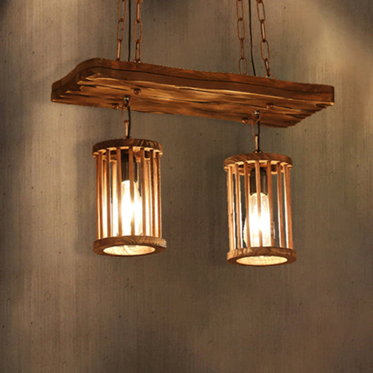 Lustre industriel en bois avec abat-jour cylindrique - Plafonnier 2/3 lumières pour salle à manger