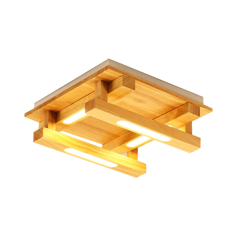 Led Flush Ceiling Light With Square Wood Shade - Modernist Brown Finish For Living Room (1/4/9