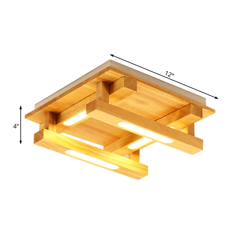 LED Flush Ceiling Light with Square Wood Shade - Modernist Brown Finish for Living Room (1/4/9 Lights) - White/Warm Light