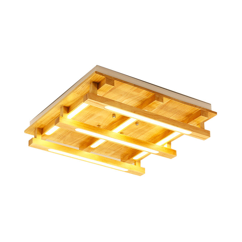 LED Flush Ceiling Light with Square Wood Shade - Modernist Brown Finish for Living Room (1/4/9 Lights) - White/Warm Light