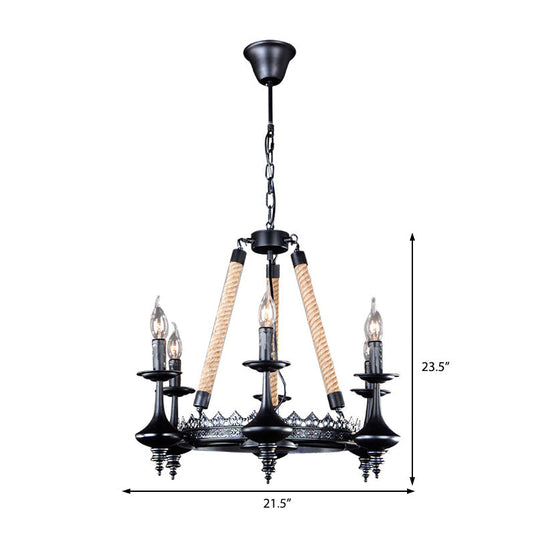 Rustic Metal & Rope Pendant Chandelier Black 3/6/8-Light Candle Dining Room Hanging Ceiling Fixture